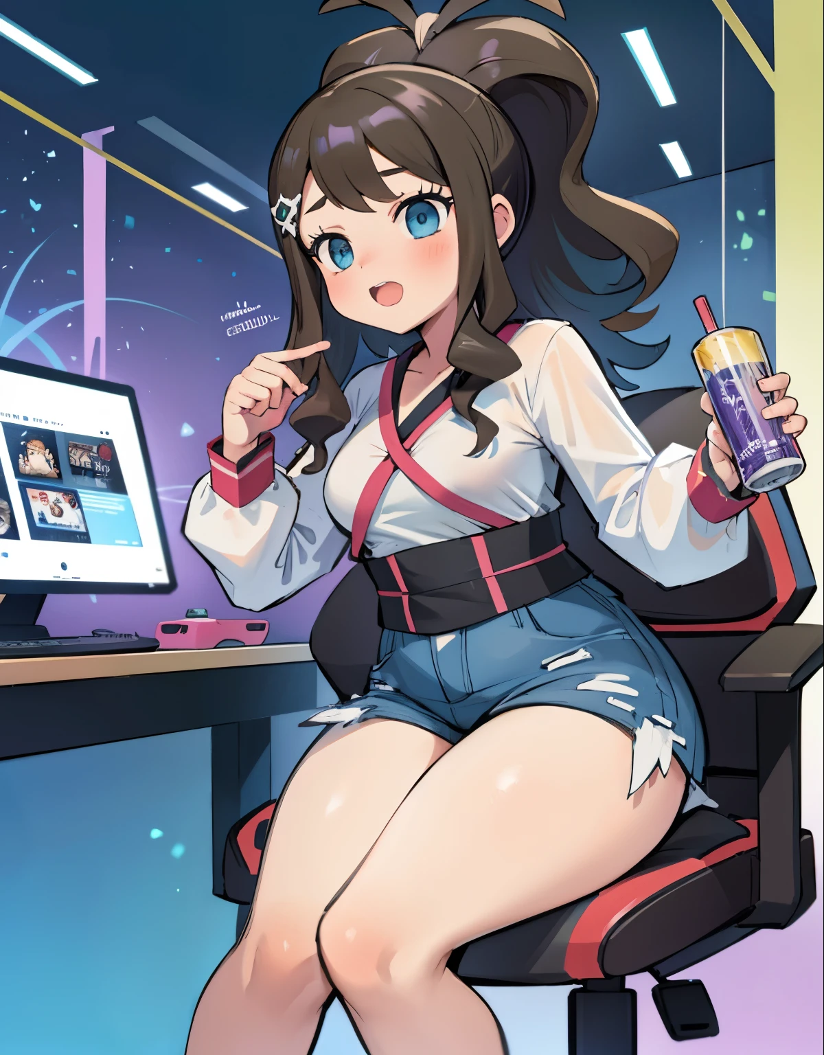 una chica sentada en una silla gamer frente a una computadora, short legs, chubby thighs, ella esta aburrida, she is inside a room full of comics, video juegos y figuras de estilo anime, gamer room, energetic drinks.