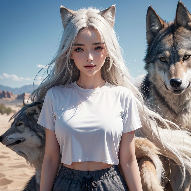 desert, Windy weather, White Wolf、 ((highest quality、masterpiece、8k、Best image quality、Ultra-high resolution、Award-winning works)、(Accurate anatomy:1.1)、(Look at me and smile:1.1)、Shining fair skin with Ultra-high resolution、The most detailed face、Ultra-high resolution detailed face、Short, flowing white hair 、Beautiful face drawn in every detail,T-shirt and shorts, Modest chest , A real wolf next to a girl