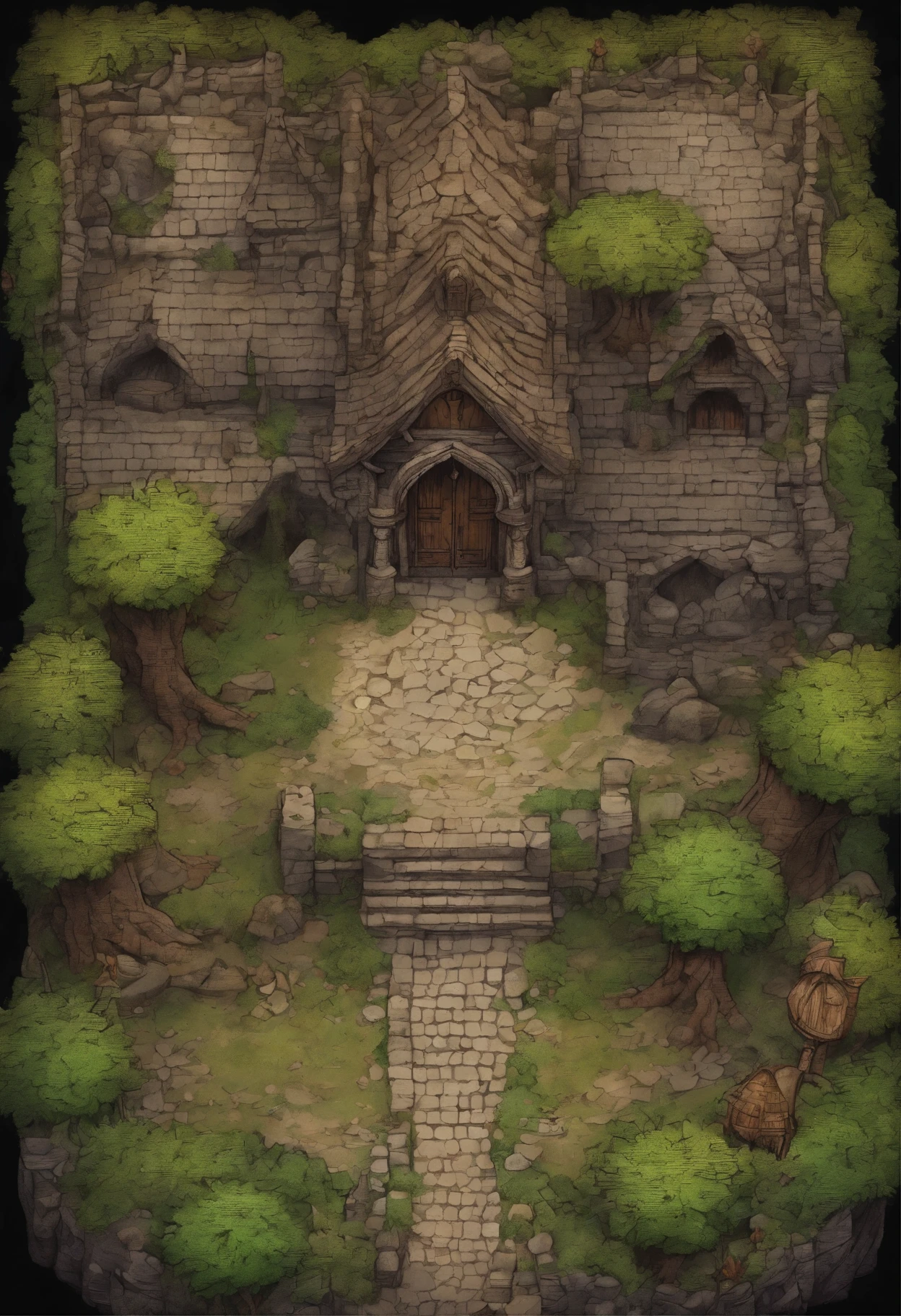 birdseye straight top-down shot from a drone, battlemap of interior of a overgrown temple, (massive dark magical roots sprouting from west:1.2), (black necrotic magic in the air:1.2), wicker furniture,  door to north, mezzanine sleeping area, dungeons and dragons, final fantasy, game art, (coherent architecture and interior, with realistic proportions and textures, intricate details, handdrawn, vibrant, cinematic lighting, masterpiece, 8k:1.2)