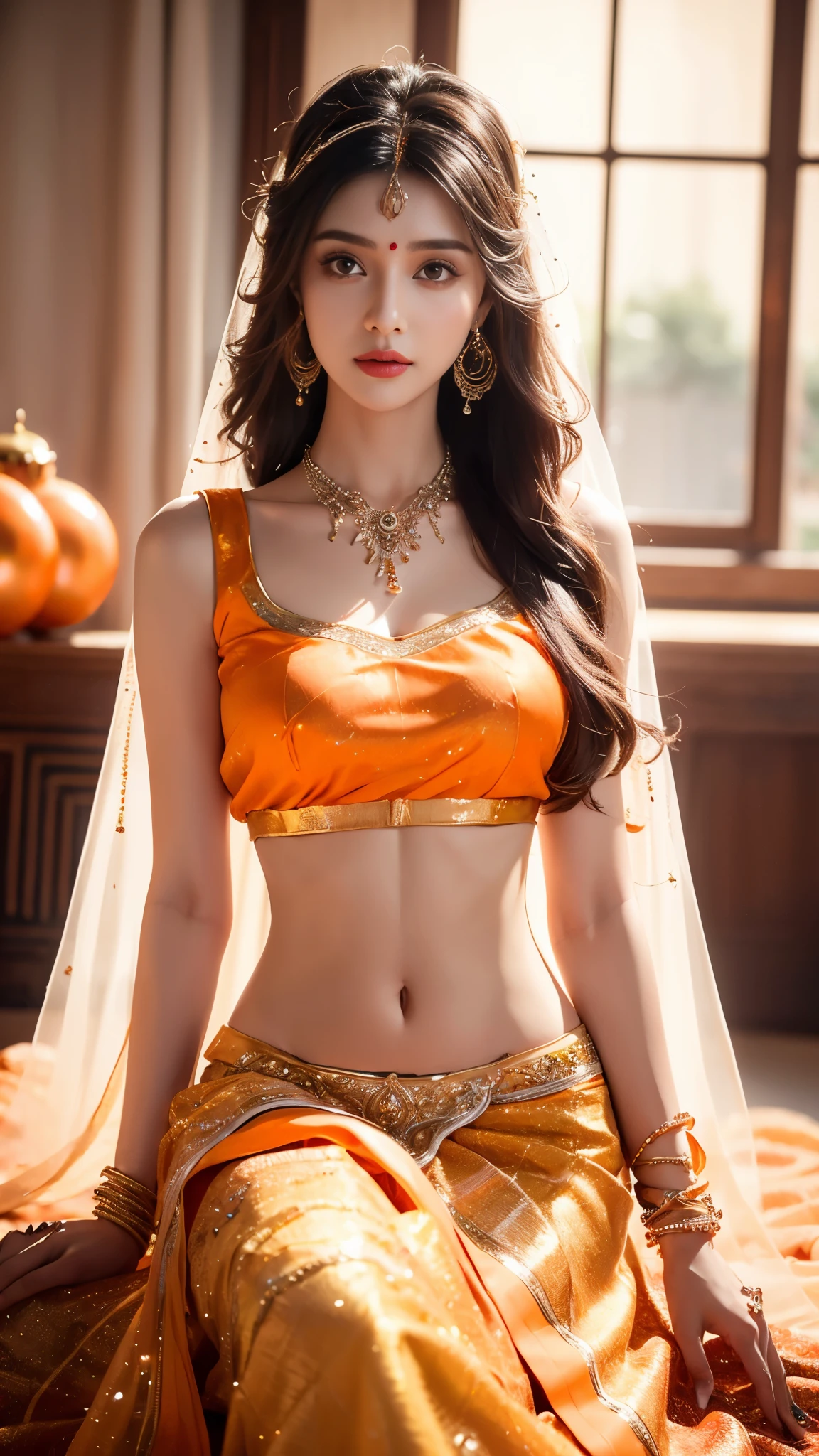 4K, UHD, masterpeice, 1 girl, good face, detailed eyes, detailed lips, very long hair, straight hair, very long hair, beautiful hair, hair ornaments, hairband, gradient hair, ((orange lehenga)), ((bridal lehenga)), ((decorated blouse)), sardine, ((ornament lehenga)), ((orange lace)), ((diamond bracelet)), ((pendant)), Pearl, ornaments, necklace, earring, high lighting, ((bare stomach)), ((in the wedding stage)), orange color, depth of field, ray tracing, ultra realistic detailed, sitting,