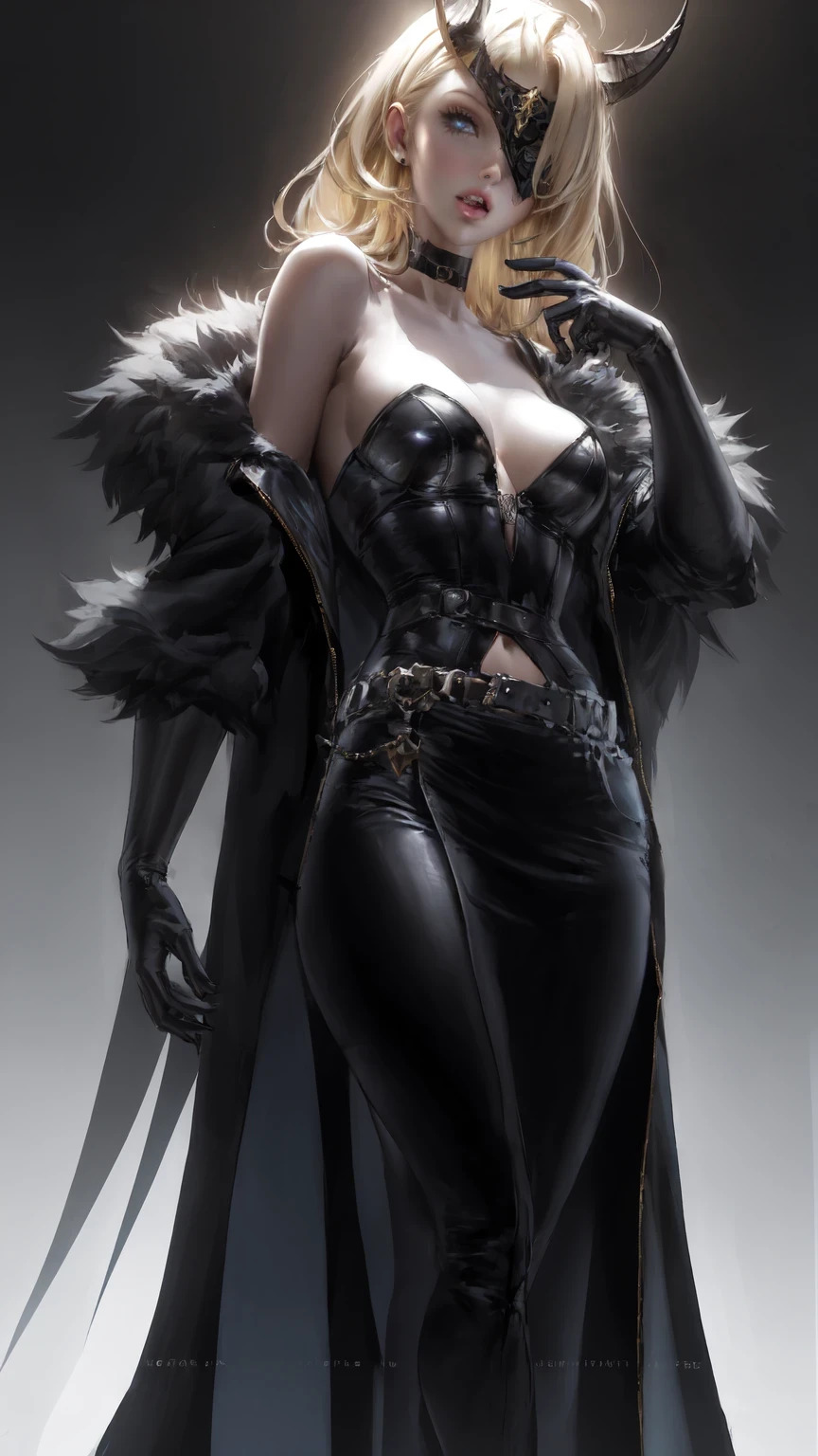 full body,1girl, solo, blonde hair, blue eyes, long hair, open mouth, mask, one eye covered, eye shadow, makeup, collarbone, black mask, looking at viewer, bare shoulders,realistic,(shiny skin), signora \(genshin impact\), black mask, eye mask, one eye covered, fur trim, mature female, gloves, fur-trimmed coat,