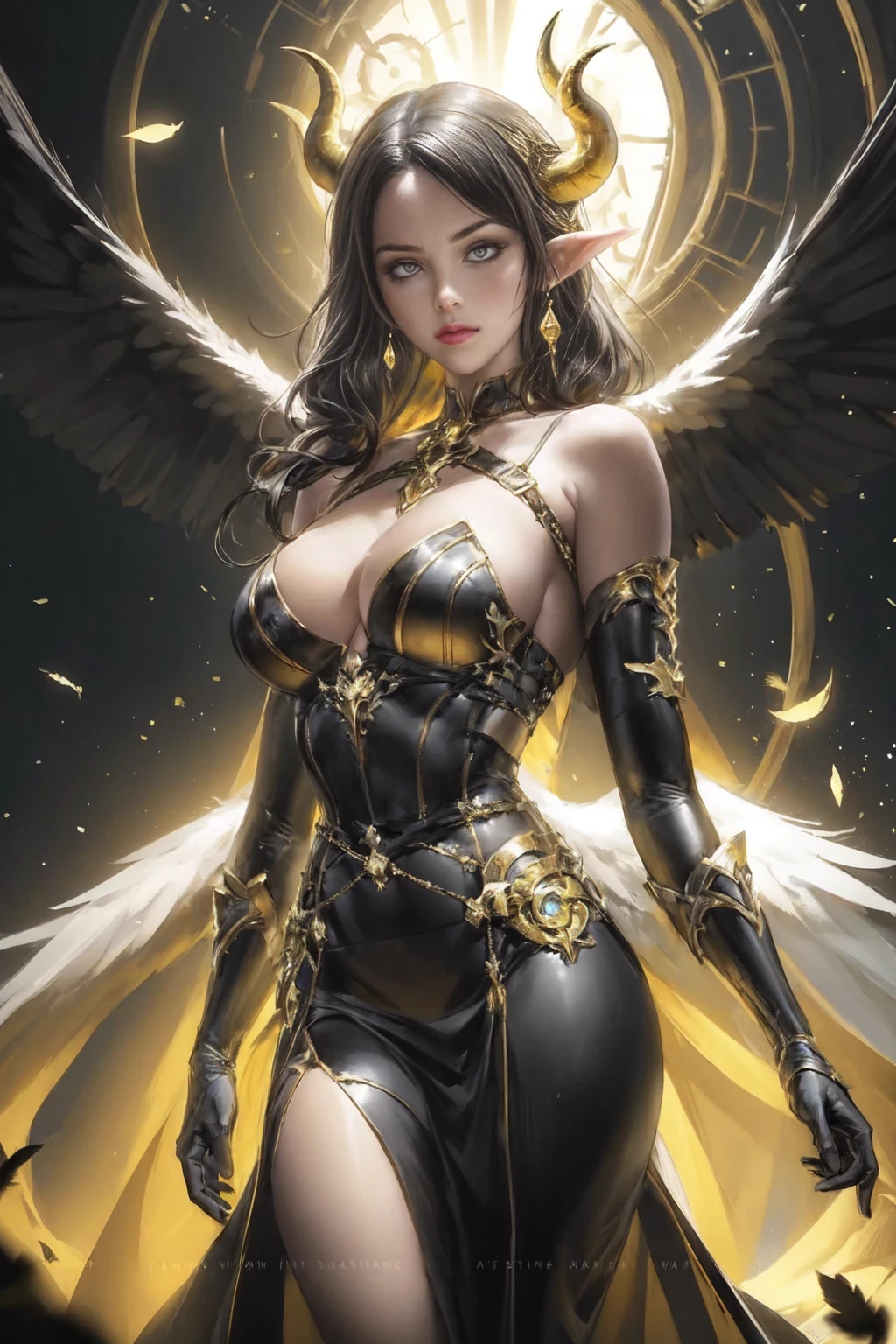 Masterpiece, Best quality, Ultra-detailed, illustration, epic lighting, Cinematic composition, isometry,(hexagons:1.2), 1girll, Horns, Solo, Yellow eyes, Black hair, Long hair, (Low wing:1.2), Large cleavage, Bare shoulders, hair between eye, Medium breasts, (White dress:1.1), Golden decoration, Detached collar, view the viewer, Semi-closed Eyes, (view the viewer:1.1), parted lip, Blush, Black feathers fall, Arena, particle fx, (8K:1.1)