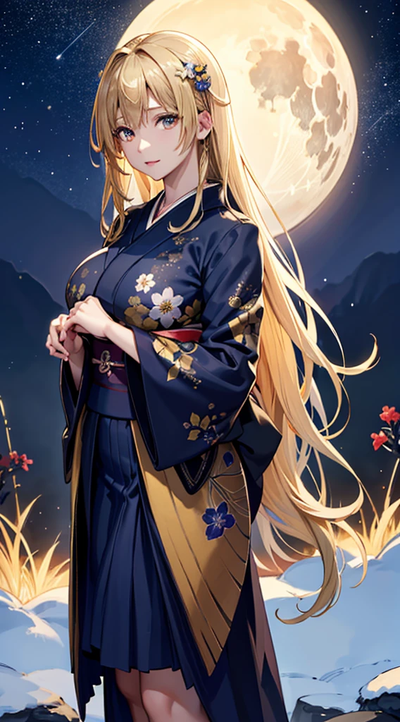 masterpiece, high quality, 4K, Beautiful design, silhouette,blonde, 非常に詳細な夜のStarry Sky,Flower Field, wonderful, Finer details, Very knowledgeable woman, Highly detailed solo, 1 female,Big Breasts,kimono,Night view,Starry Sky,full moon,