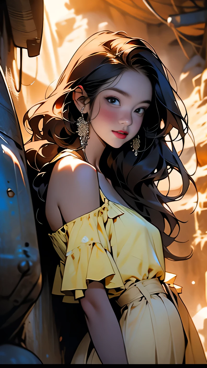 1girl, White off-shoulder、Woman with long red hair, Blue and yellow frilled skirt mini､Skirt lift up､ Street view, (Upper body portrait)､masterpiece, 最high quality, high quality, High resolution, (In a dimly lit cave), 
