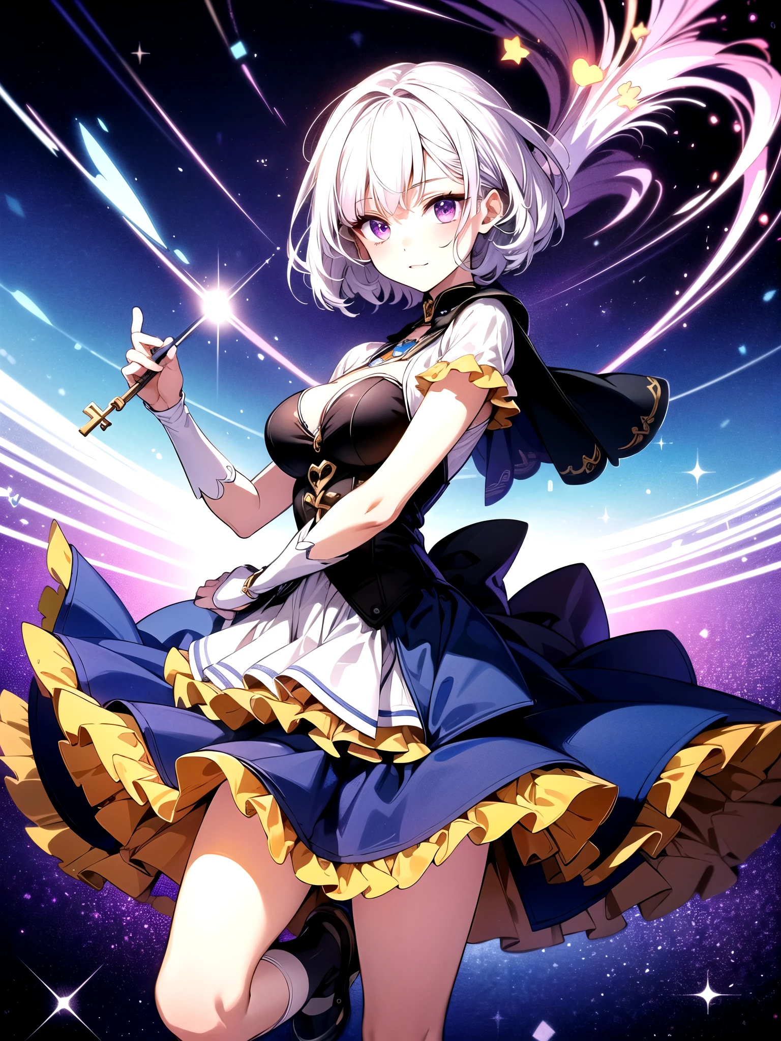 a Idol girl in dress, white hair, purple eyes, Pixiv Contest Winner, conceptual art, sparkling magical girl, 4k, anime moe art style, Detailed key anime art, official artwork, ((short hair)), big breast, ((layered skirt)), germany