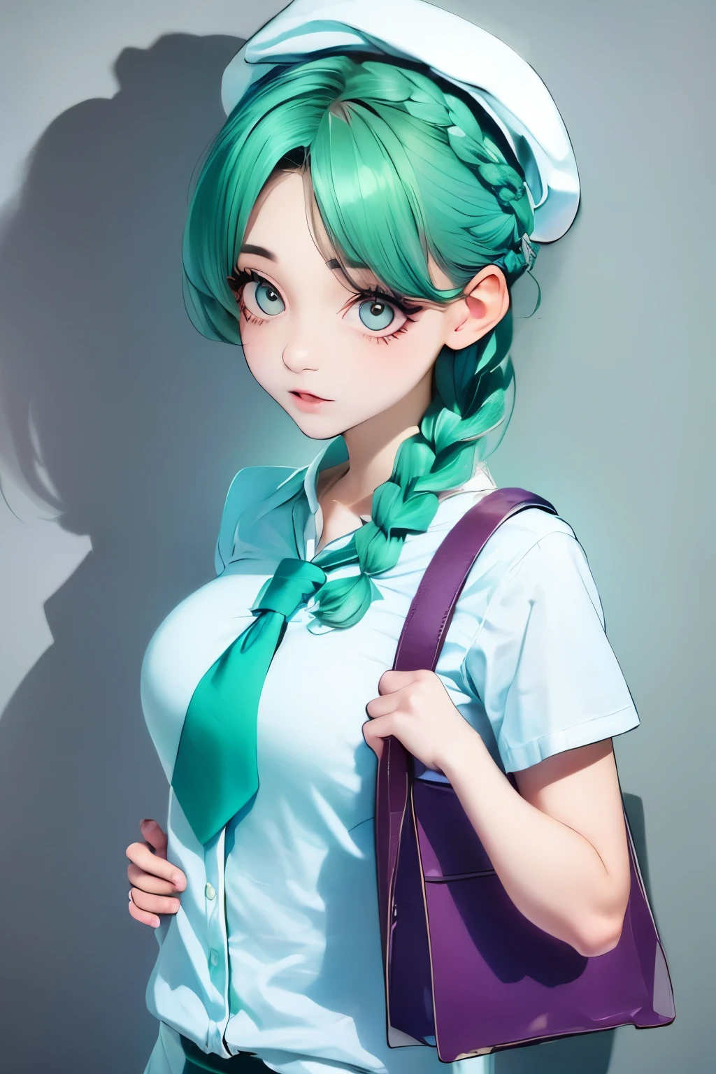 1girl, (bags under eyes:1.5), mint green hair, twin_braid, white beret, white shirt, flower necktie