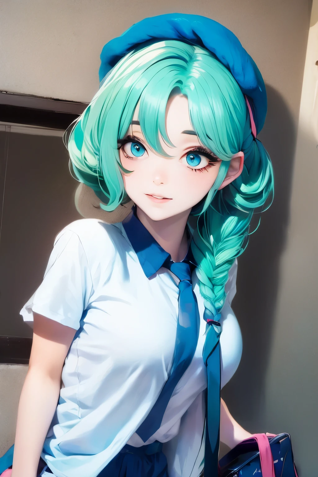 1girl, (bags under eyes:1.5), mint green hair, twin_braid, white beret, white shirt, flower necktie