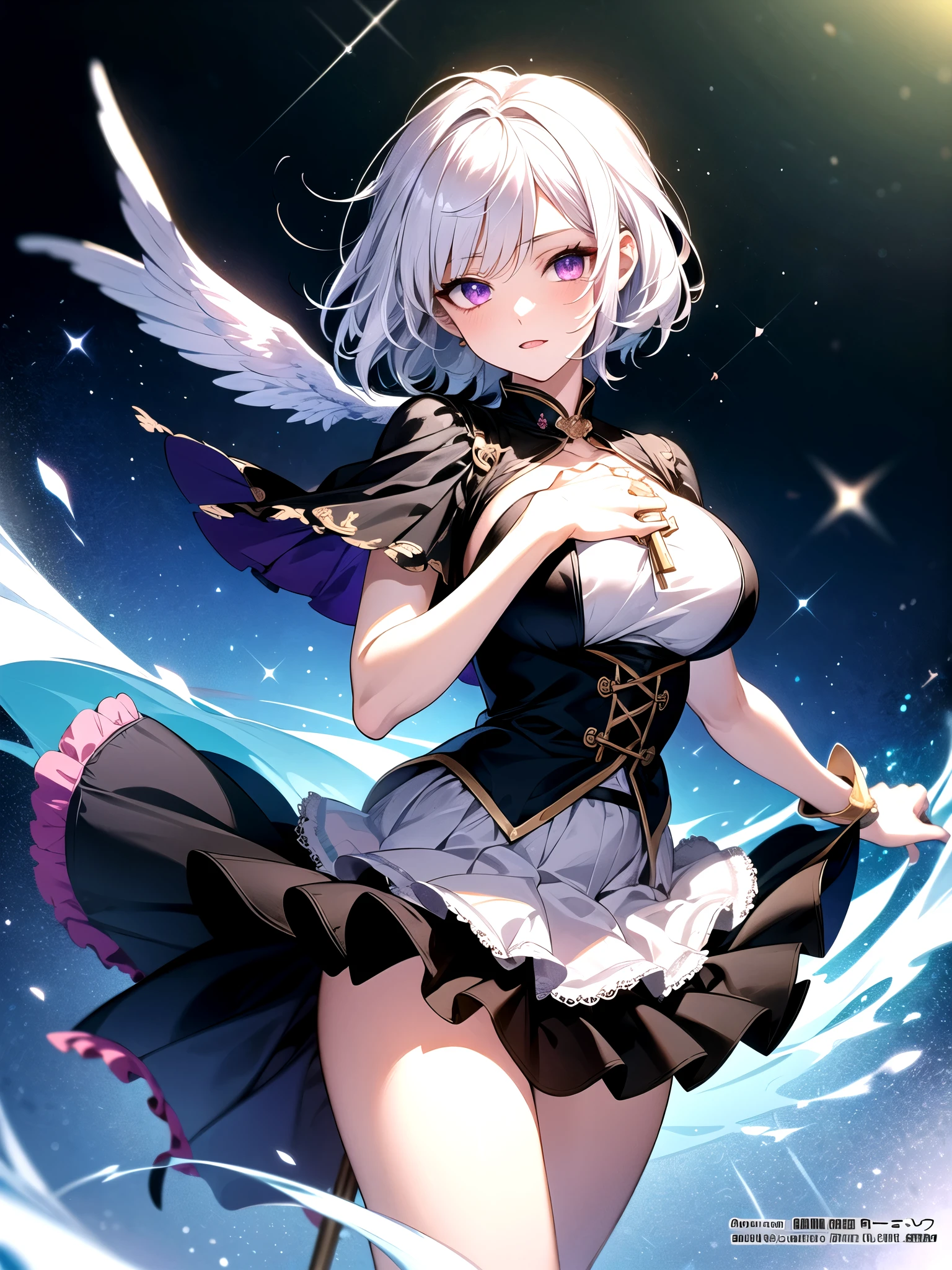 a Idol girl in dress, white hair, purple eyes, Pixiv Contest Winner, conceptual art, sparkling magical girl, 4k, anime moe art style, Detailed key anime art, official artwork, ((short hair)), big breast, ((layered skirt)), germany