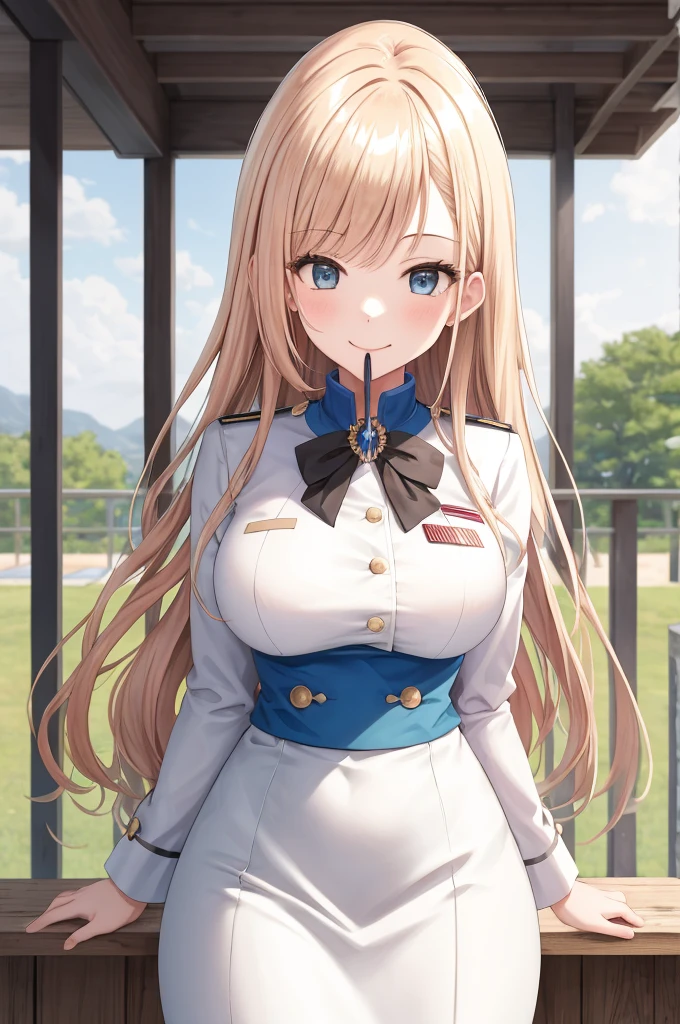 masterpiece, highest quality, arisugawa natusha, One girl, alone, Are standing, smile, bangs, Large Breasts, high school girl,uniform,White blouse, Long Hair, White colored hair, blue eyes,View Viewer, Mouth closed,