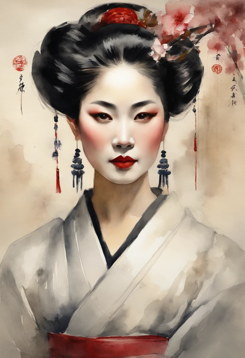 Painting of a geisha woman with a sword in her hand, Portrait de geisha, Portrait of a geisha, Beauty Geisha, geisha, Geisha japonaise, Portrait of a beautiful geisha, Coiffure Geisha, Art japonais, Samurai portrait, Portrait photo de geisha, Geisha described as Japanese, Style artistique japonais, inspired by Toyohara Kunichika