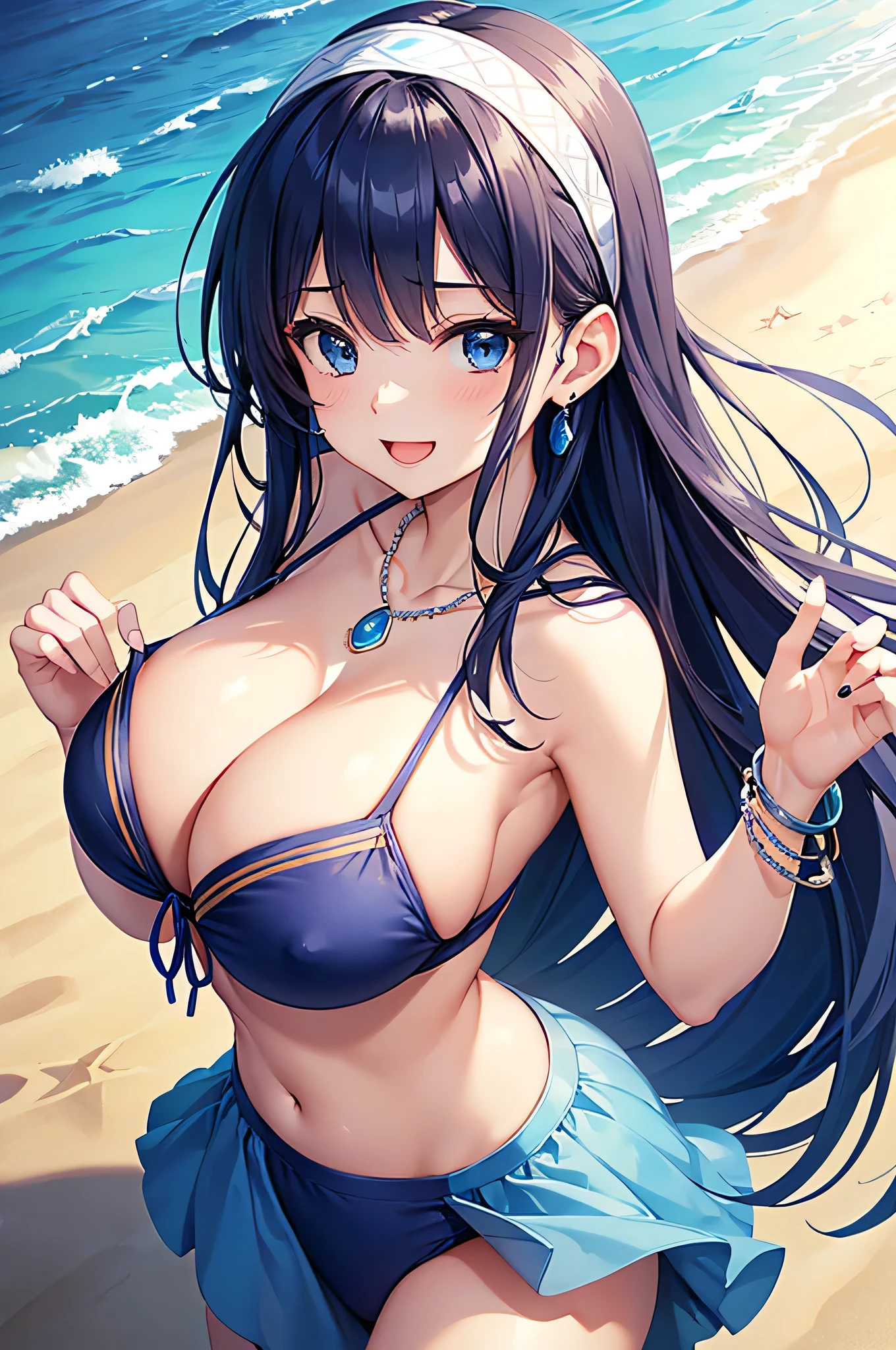 highest quality、highest quality、masterpiece、beautiful girl、Navy blue long hair、blue eyes、Navy Blue Bikini、Big cleavage、(Big Breasts),smile、blue necklace、Blue Earrings、background(Beach)、Dynamic pose、Please open your mouth wide、White headband、bracelet、angle(From above)