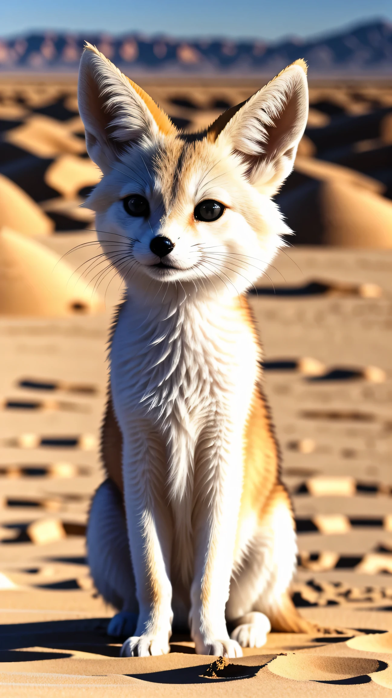 A small white fennec fox with with oversized ear standing in the desert, sandy background, animal_focus, animal, realistic, looking_at_viewer, ((masterpiece, highest quality, Highest image quality, High resolution, photorealistic, Raw photo, 8K))