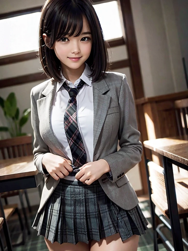 (8k, RAW Photos, highest quality), Stand in the classroom of school, (((((((One woman))))))), ((Brown Hair)), ((Short Bob Hair)), ((Detailed eyes)), ((smile)), ((White blouse)), ((tie)), (((Dark grey closed blazer))), (((A green plaid pleated miniskirt that wraps around the hips))), Asymmetrical bangs, 少しのsmile, Thighs, knees, Random pose，pretty girl，Slender girl