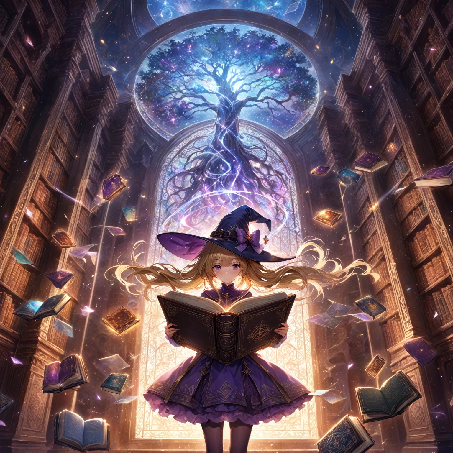 masterpiece, best quality, high resolution, extremely detailed CG, absurdres, 1girl, solo, In a magical space, behind the vertical inlaid glass windows is the huge and ancient Tree of Wisdom, multiple bookcases are floating in the air, a blonde twinailed girl wearing a witch hat stands in the middle of the room in a purple costume, she opening her hands, in front of her is a heavy book, the pages of which are turning and glowing with light, and glowing magical words are flying out of it, and the books are floating around her in an orderly manner. The pages are turning and glowing, glowing magical words are flying out of the book, and many books are floating around her in an orderly fashion, (((best hands))), score_9, score_8_up, score_7_up, source_anime
