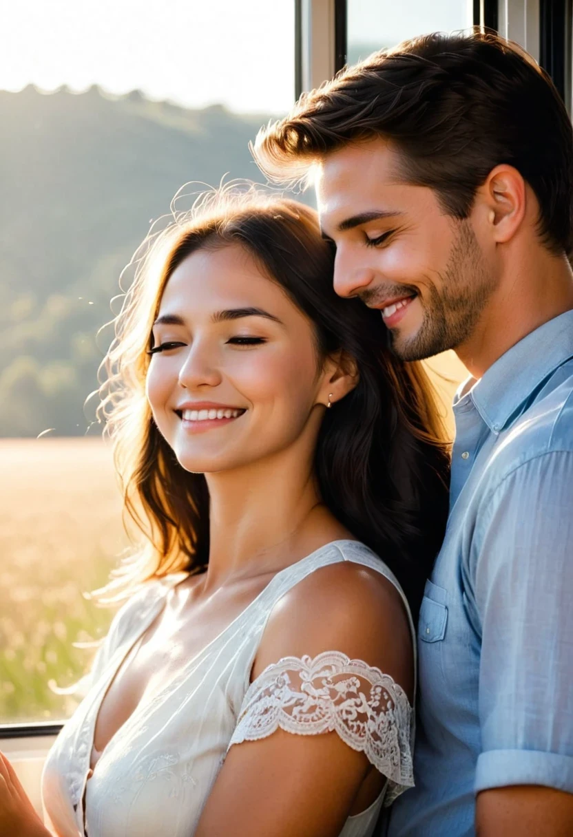 Couple,Sunlight,eyes closed,look up,Tilt your face,(close your eyes and smile),Side profile,The rear window lighting is backlit
