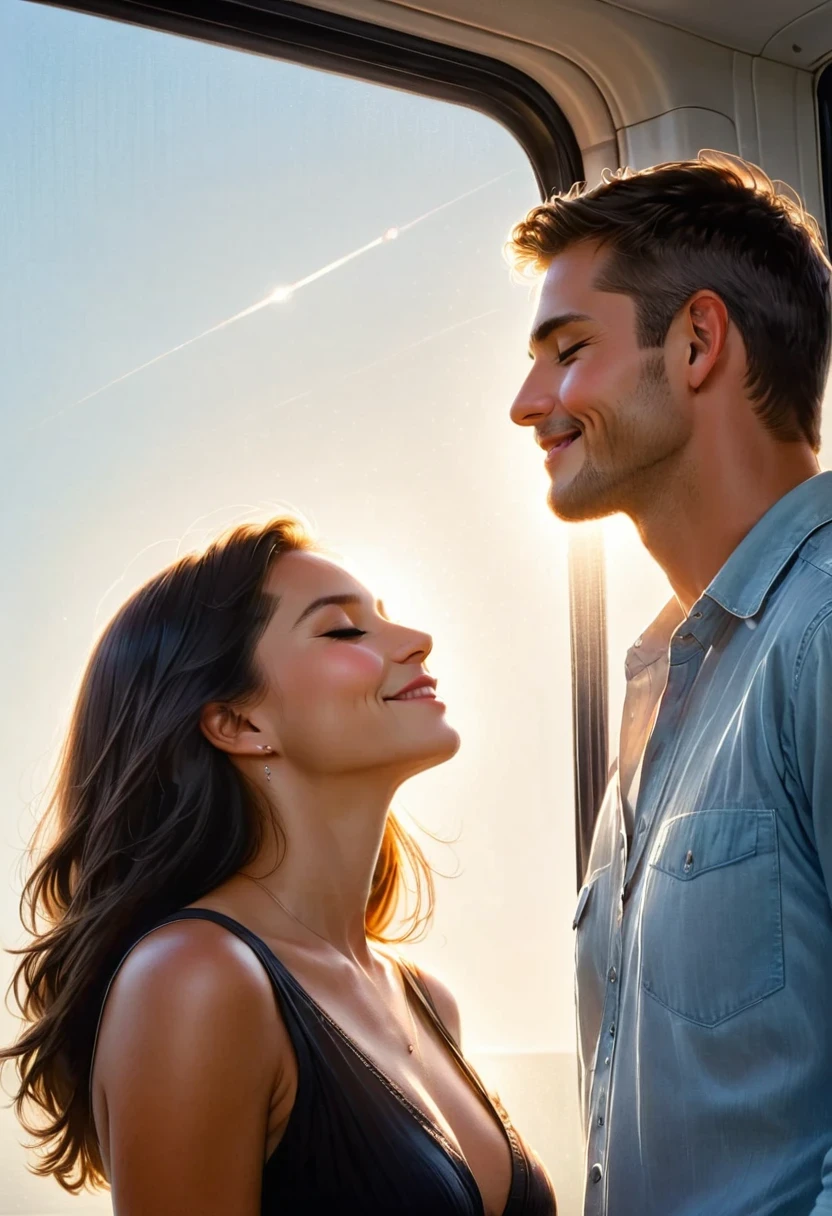 Couple,Sunlight,eyes closed,look up,Tilt your face,(close your eyes and smile),Side profile,The rear window lighting is backlit