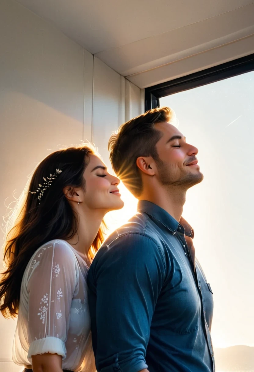 Couple,Sunlight,eyes closed,look up,Tilt your face,(close your eyes and smile),Side profile,The rear window lighting is backlit