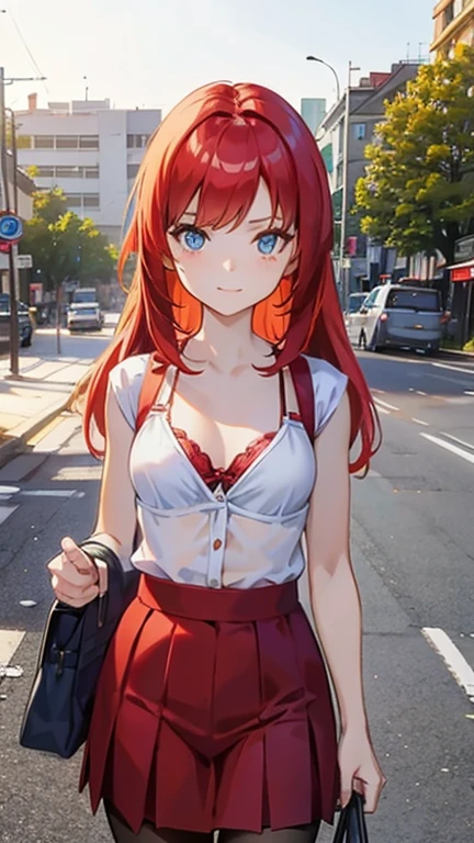 anime girls with red hair and blue eyes wearing a red skirt and an open shirt revealing a black bra