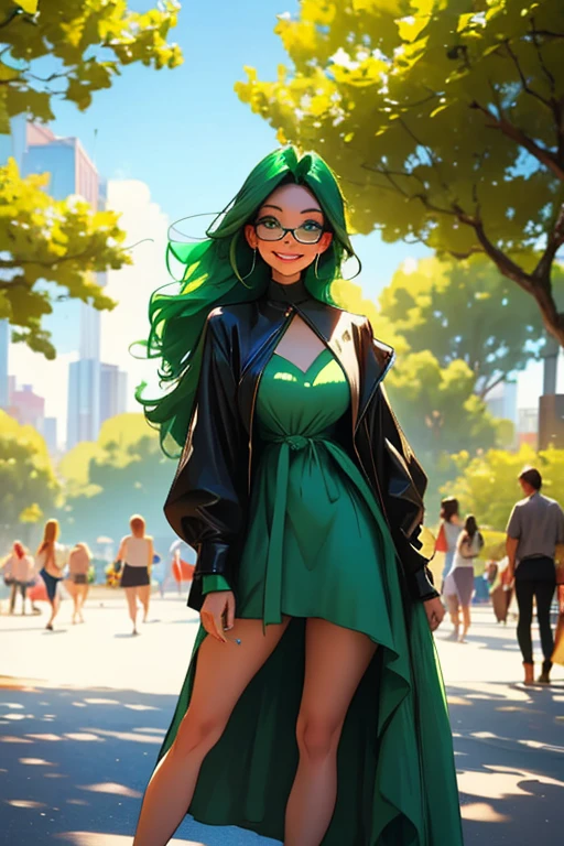 A green haired woman with violet eyes and glasses with an hourglass figure in a summer dress is listening to music in the park with a big smile