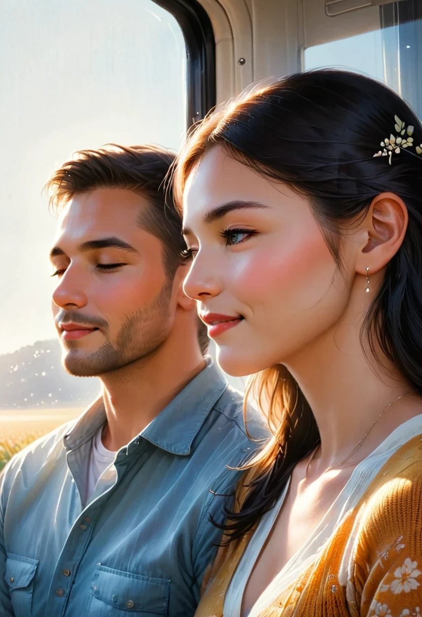 Couple,Sunlight,eyes closed,look up,Tilt your face,(close your eyes and smile),Side profile,The rear window lighting is backlit