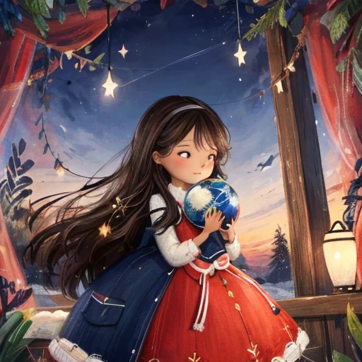 A long-haired girl holds a globe in her hand，She pressed it gently to her chest，As if protecting the whole world。The earth is in her arms，Sleep peacefully，Turn gently，It seems to respond to the girl's warmth and love。