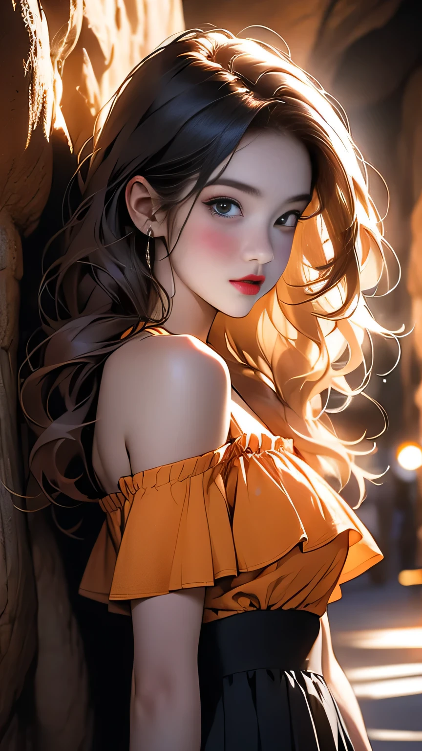 1girl, White off-shoulder、Woman with long red hair, Blue and yellow frilled skirt mini､Skirt lift up､ Street view, (Upper body portrait)､masterpiece, 最high quality, high quality, High resolution, (In a dimly lit cave), 