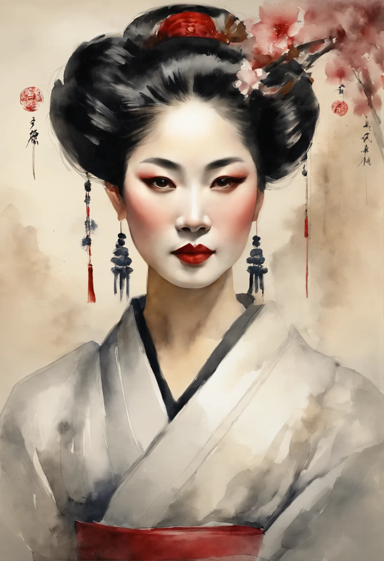 Painting of a geisha woman with a sword in her hand, Portrait de geisha, Portrait of a geisha, Beauty Geisha, geisha, Geisha japonaise, Portrait of a beautiful geisha, Coiffure Geisha, Art japonais, Samurai portrait, Portrait photo de geisha, Geisha described as Japanese, Style artistique japonais, inspired by Toyohara Kunichika