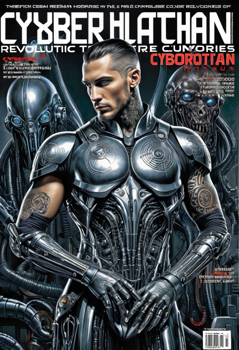 Cybernetic Revolutionaries, european male, magazine cover, poster art , Lovecraftian horror tattoos, bold huge text, matted design layout, strong, bold inking techniques, Metallic Silver and Gunmetal Gray: These colors are often used to represent the metallic components of cyborgs, giving them a sleek and futuristic appearance.