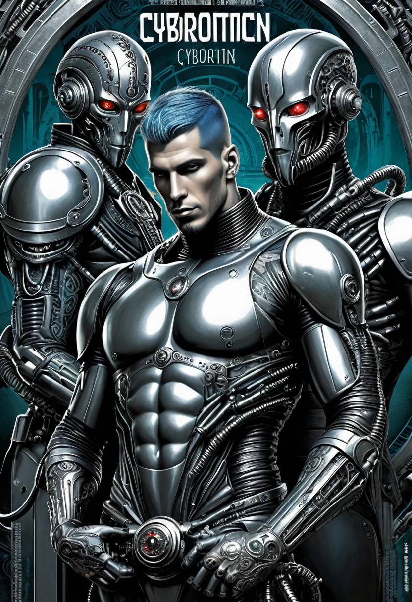 Cybernetic Revolutionaries, european male, magazine cover, poster art , Lovecraftian horror tattoos, bold huge text, matted design layout, strong, bold inking techniques, Metallic Silver and Gunmetal Gray: These colors are often used to represent the metallic components of cyborgs, giving them a sleek and futuristic appearance.