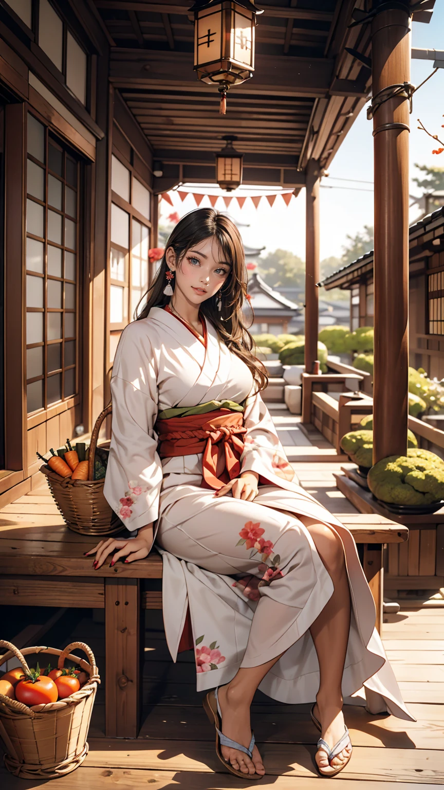 ((最high quality, 8k, masterpiece: 1.3, Ultra HD, high quality, 最high quality, High resolution, realism)) 、A stunningly beautiful 22-year-old Japanese woman、Hair color is black、black eye、Medium Hair、Straight hair、smile、Slender、Wear accessories on your wrist、Wearing red nail polish、Having a pedicure、Sitting on the veranda of a Japanese house in rural Japan、summer、Wind chimes are hanging from the eaves.、barefoot、There is a basket full of tomatoes and carrots on the balcony..、The basket is made from woven bamboo strips.、In front of the balcony is a courtyard.、There is a well with a hand pump in the courtyard.、smile