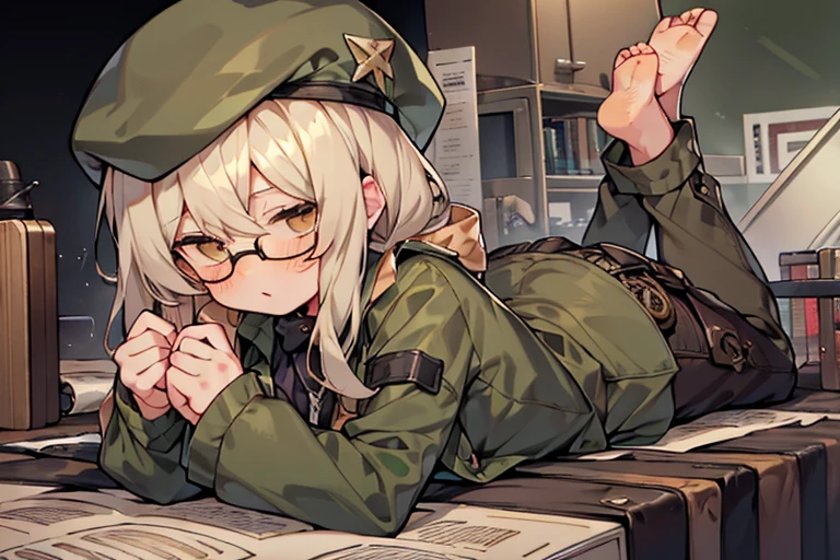 long ahoge,shirt,White hair,Brown eyes,circle-glasses,Brown tie,brown skirt,dark green beret,Dark green jacket,girl with,steampunkai,sleepeace,retro city background,jitome