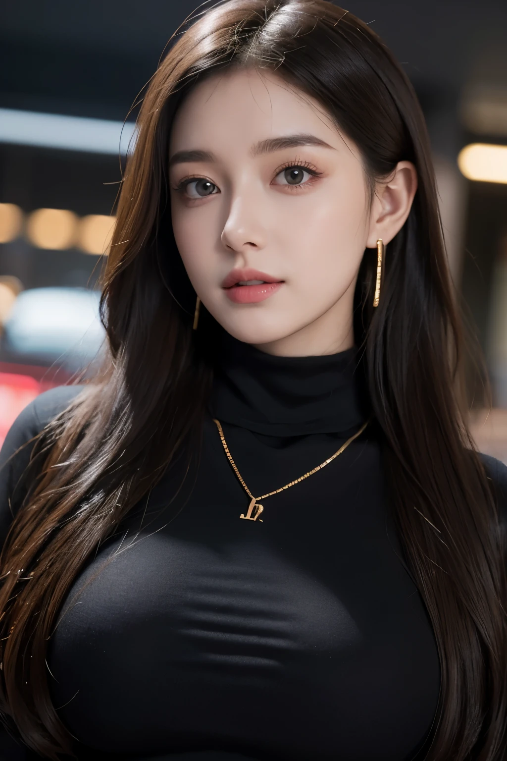 beautiful girl,Realistic black eyes, Pale skin,Wavy long hair, Brown Hair、Perfect Face, Perfect Eyes, Wear a turtleneck, Very detailed, synthesis, number, 8k, Cinema Lighting, highest quality, High resolution, Detailed work, Post-processing, Perfect results、Very large breasts、Big Breasts、necklace、Earrings、Looking straight ahead、smile、Emphasize the chest