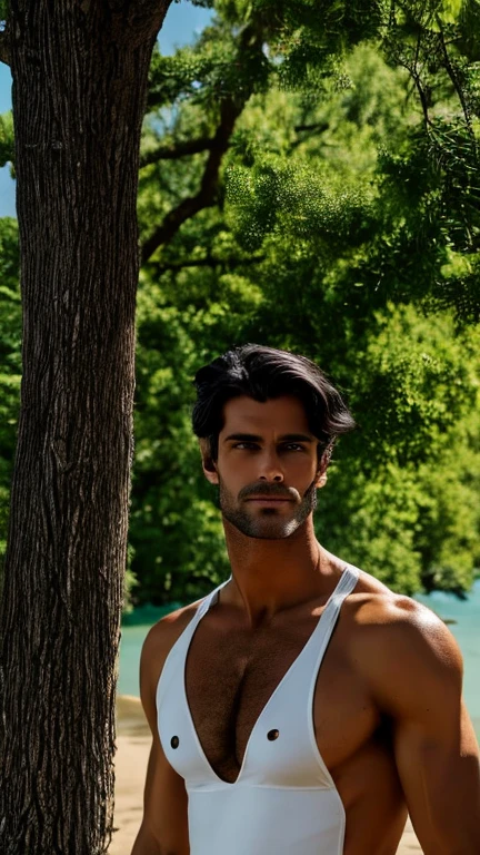 Tall, handsome, strong man, Nordic profile, long brown and black hair to the shoulders, wide and toned back, dark grey sandals,wearing a white swimsuit with light blue,an emerald earring on the right ear, lying head over arms under a tree with a well-shaved face