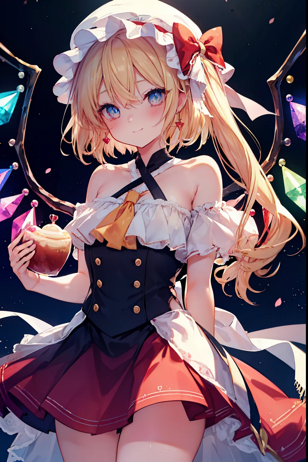 flandre_scarlet、blush,smile、Blonde、Half Bob Hair、、The back is very small、Lolita、Small breasts、Please show me your armpits、exterior: 14 years old、Shoulder Bicle is visible、Sexy thighs、Beautiful legs、Usual hairstyle、highest quality, High resolution, unity 8k wallpaper, (shape:0.8), (Beautiful and beautiful eyes:1.6), Highly detailed face, Perfect lighting, Highly detailed CG, (Perfect hands, Perfect Anatomy),