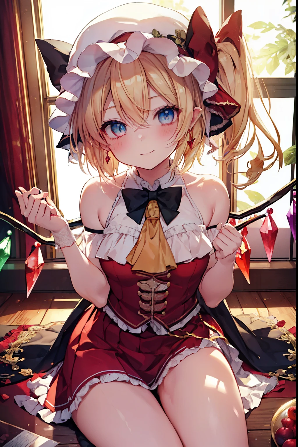 flandre_scarlet、blush,smile、Blonde、Half Bob Hair、、The back is very small、Lolita、Small breasts、Please show me your armpits、exterior: 14 years old、Shoulder Bicle is visible、Sexy thighs、Beautiful legs、Usual hairstyle、highest quality, High resolution, unity 8k wallpaper, (shape:0.8), (Beautiful and beautiful eyes:1.6), Highly detailed face, Perfect lighting, Highly detailed CG, (Perfect hands, Perfect Anatomy),