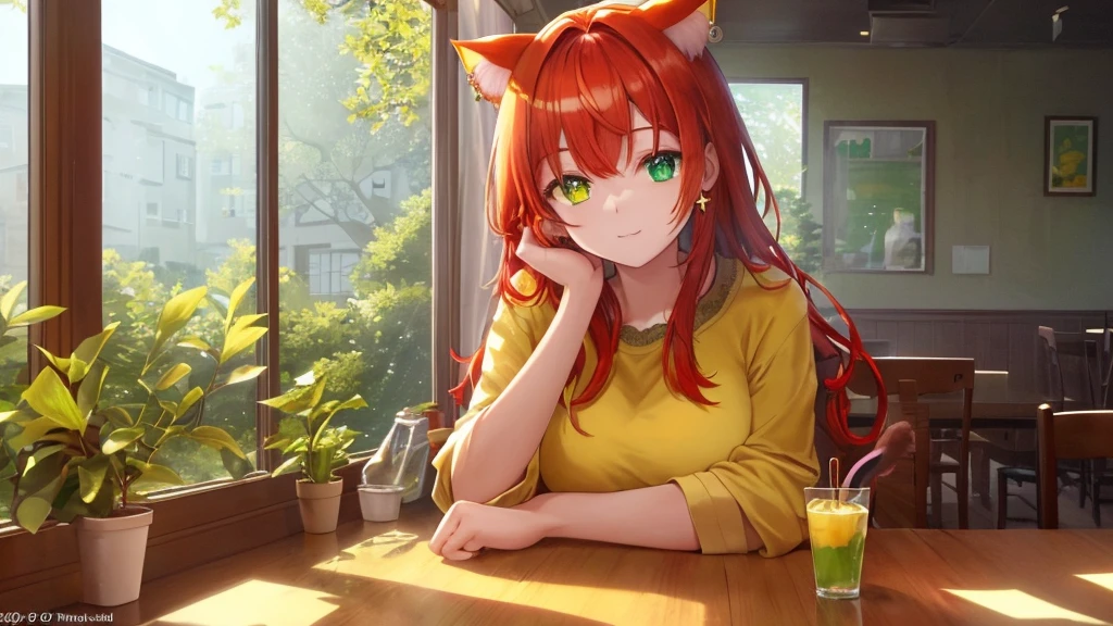 An orange haired woman with copper eyes and orange fox ears and an orange fox tail is drinking tea in a coffee shop 