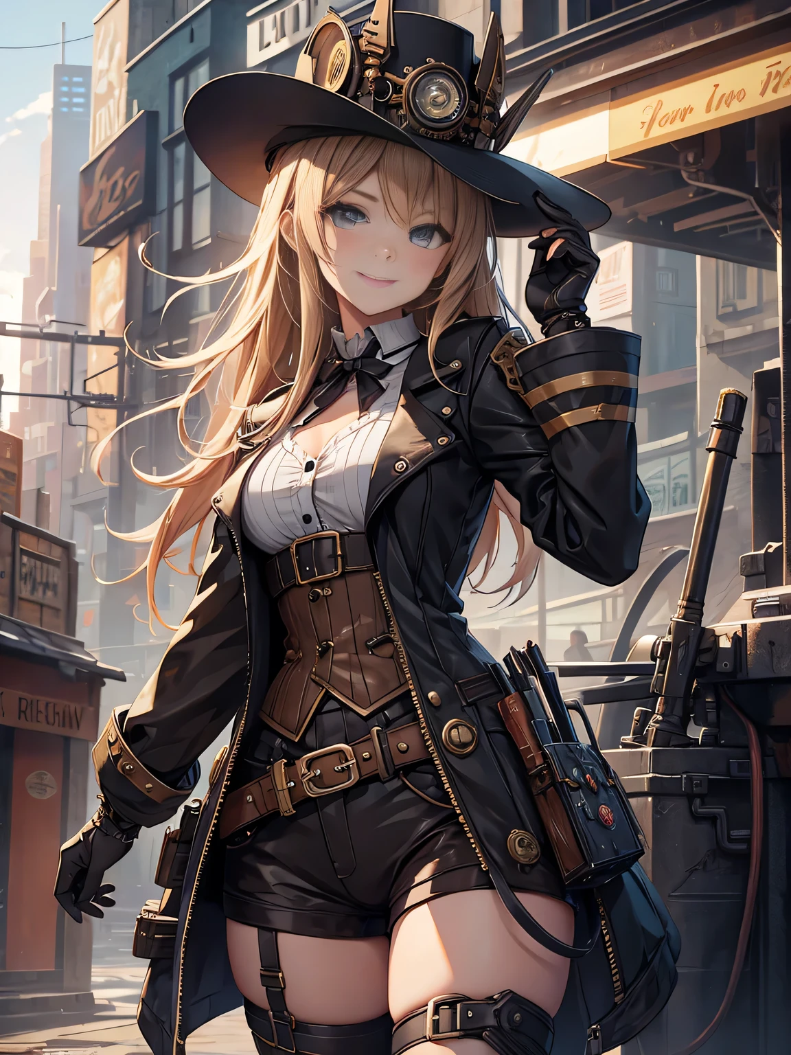 (Line art_anime),(Cowboy Shot,Low Angle, highest quality, ),(Laura Budd Photos:1.2),(Laura Add details:1.0),8k, Flat Color:0.8,1 girl,smile,(Highly decorative and complex mechanical steampunk fashion, Lace flare dolphin hat、goggleusket_Hold a pistol in your hand 1.5、machinery background、Gear background、An elaborately mechanized steampunk cityscape 1.5),Cute pose,