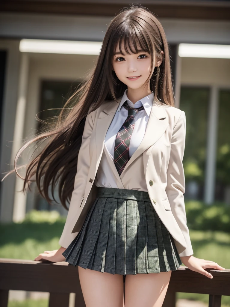(8k, RAW Photos, highest quality), Stand in the classroom of school, (((((((One woman))))))), ((Brown Hair)), ((Semi-long hair)), ((Detailed eyes)), ((smile)), ((White blouse)), ((tie)), (((Dark grey closed blazer))), (((A green plaid pleated miniskirt that wraps around the hips))), Asymmetrical bangs, 少しのsmile, Thighs, knees, Random pose，pretty girl，Slender girl