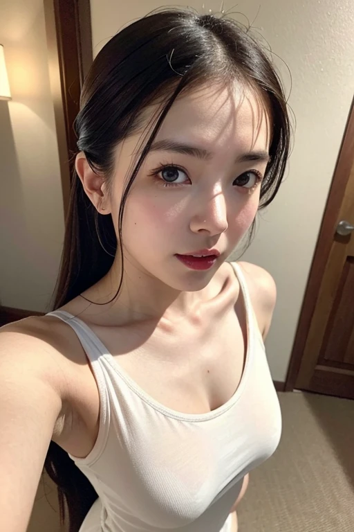 highest quality,masterpiece,Ultra-high resolution,(Realistic:1.4),Beautiful lighting, (Highly detailed CG Unity 8k wallpaper), Beautiful face in every detail,Detailed clothing, 50mm portrait photography, One Girl,Big black eyes, cute, young, Temporarily stop, Facial Lighting, Physically Based Rendering,Written boundary depth , ponytail,(Serious face), ((Take from above)), (Please open your mouth wide),Japanese women、20-year-old、naked、Small areola、Young and beautiful woman taking a selfie, Taken with iPhone camera