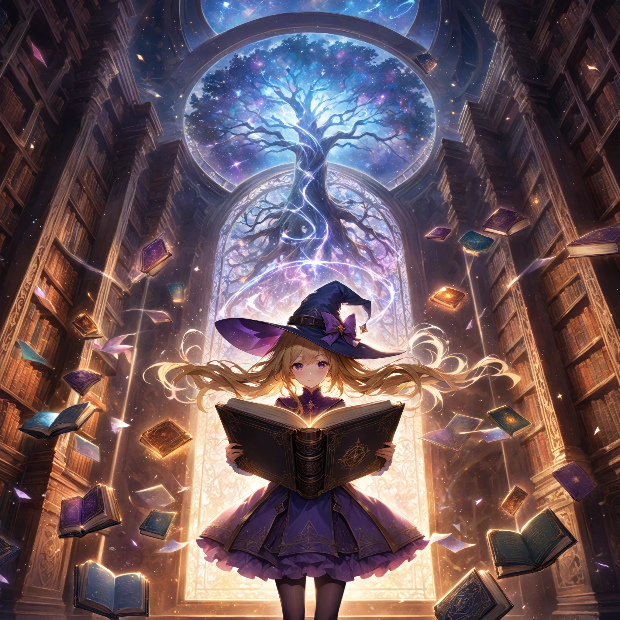 masterpiece, best quality, high resolution, extremely detailed CG, absurdres, 1girl, solo, In a magical space, behind the vertical inlaid glass windows is the huge and ancient Tree of Wisdom, multiple bookcases are floating in the air, a blonde twinailed girl wearing a witch hat stands in the middle of the room in a purple costume, she opening her hands, in front of her is a heavy book, the pages of which are turning and glowing with light, and glowing magical words are flying out of it, and the books are floating around her in an orderly manner. The pages are turning and glowing, glowing magical words are flying out of the book, and many books are floating around her in an orderly fashion, (((best hands))), score_9, score_8_up, score_7_up, source_anime