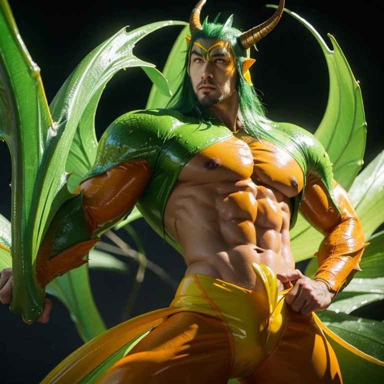 Green slime handsome dragon dragon face dragon head perfect proportion orange yellow horns eyes orange claws yellow green wings muscular handsome body made of slime European and American anime style