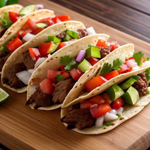Close-up of Mexican street tacos served on a wooden cutting board, Vibrant, Tacos stuffed with marinated carne asada、Tacos stuffed with roast beef、Shrimp stuffed tacos、 Topped with fresh coriander and diced onion、vivid、Effective lighting、4K、8K、Masterpiece、High resolution、(((photograph)))、Detailed、In focus、looks delicious、luxury
