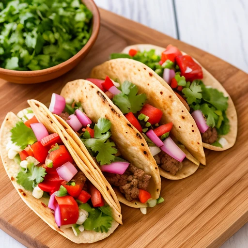 Close-up of Mexican street tacos served on a wooden cutting board, Vibrant, Tacos stuffed with marinated carne asada、Tacos stuffed with roast beef、Shrimp stuffed tacos、 Topped with fresh coriander and diced onion、vivid、Effective lighting、4K、8K、Masterpiece、High resolution、(((photograph)))、Detailed、In focus、looks delicious、luxury