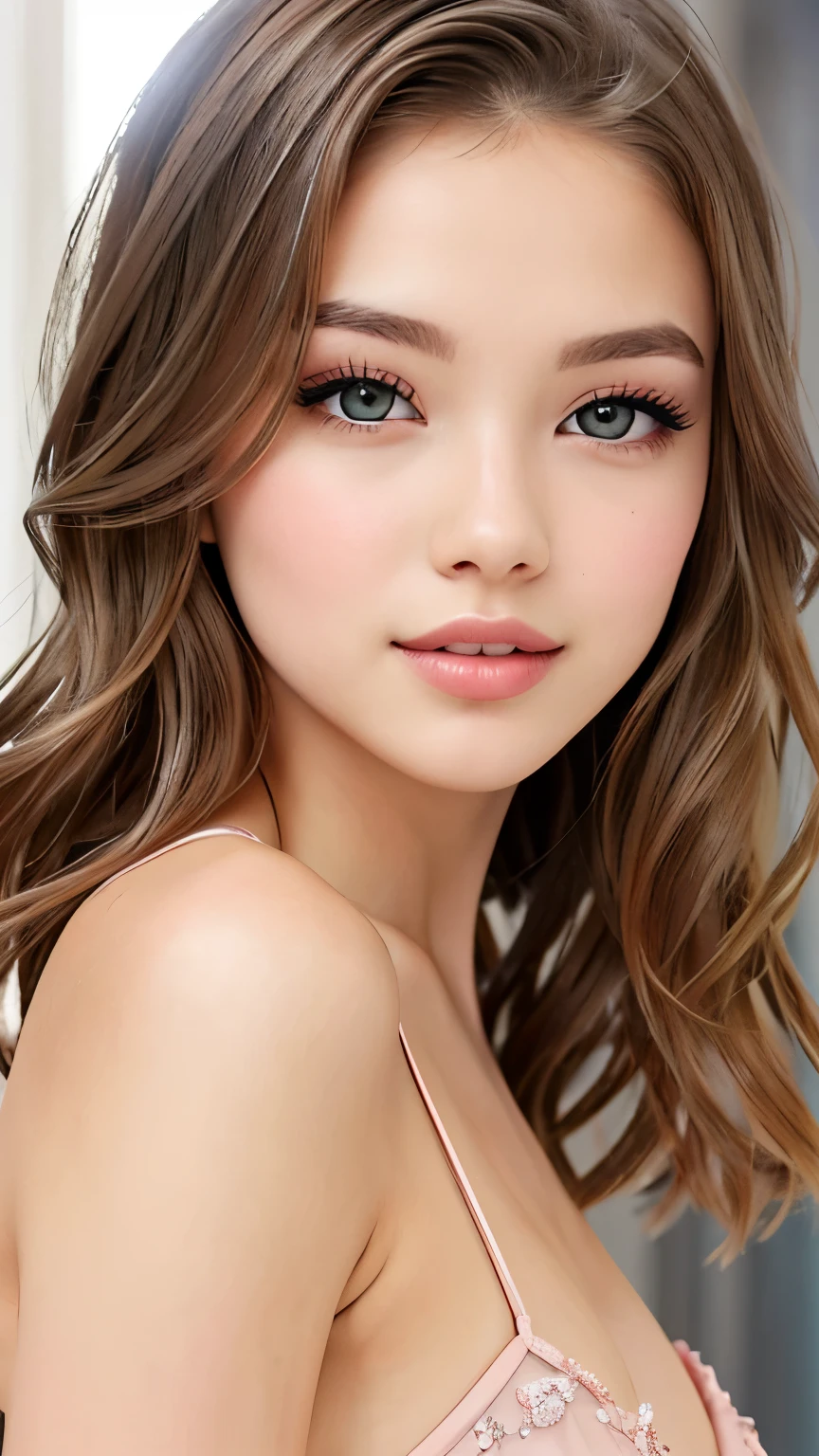 beautiful girl, brown eyes, beautiful 18 year old girl, Brown highlights hair, undercut pixie hair, short hair, lips, realistic, narrow waist, charming, pink lipstick, colorful makeup, long eyelashes, fair skin, (cute), (detailed face), detailed eyes, detailed iris, (large breasts:1.2), ((ballerina)), 