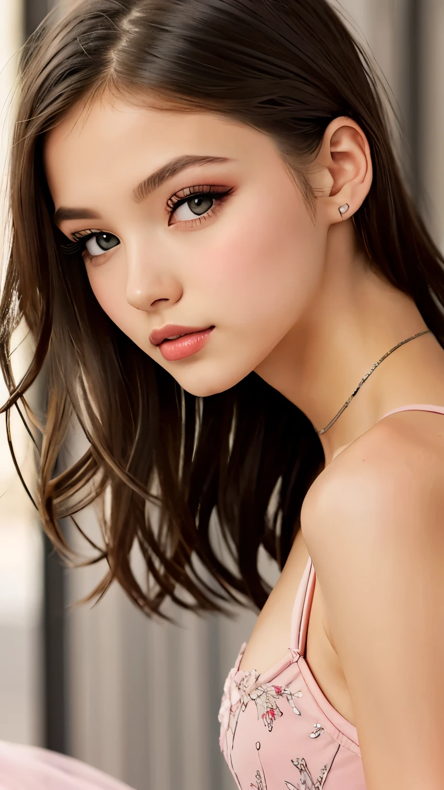 beautiful girl, brown eyes, beautiful 18 year old girl, Brown highlights hair, undercut pixie hair, short hair, lips, realistic, narrow waist, charming, pink lipstick, colorful makeup, long eyelashes, fair skin, (cute), (detailed face), detailed eyes, detailed iris, (large breasts:1.2), ((ballerina)), 