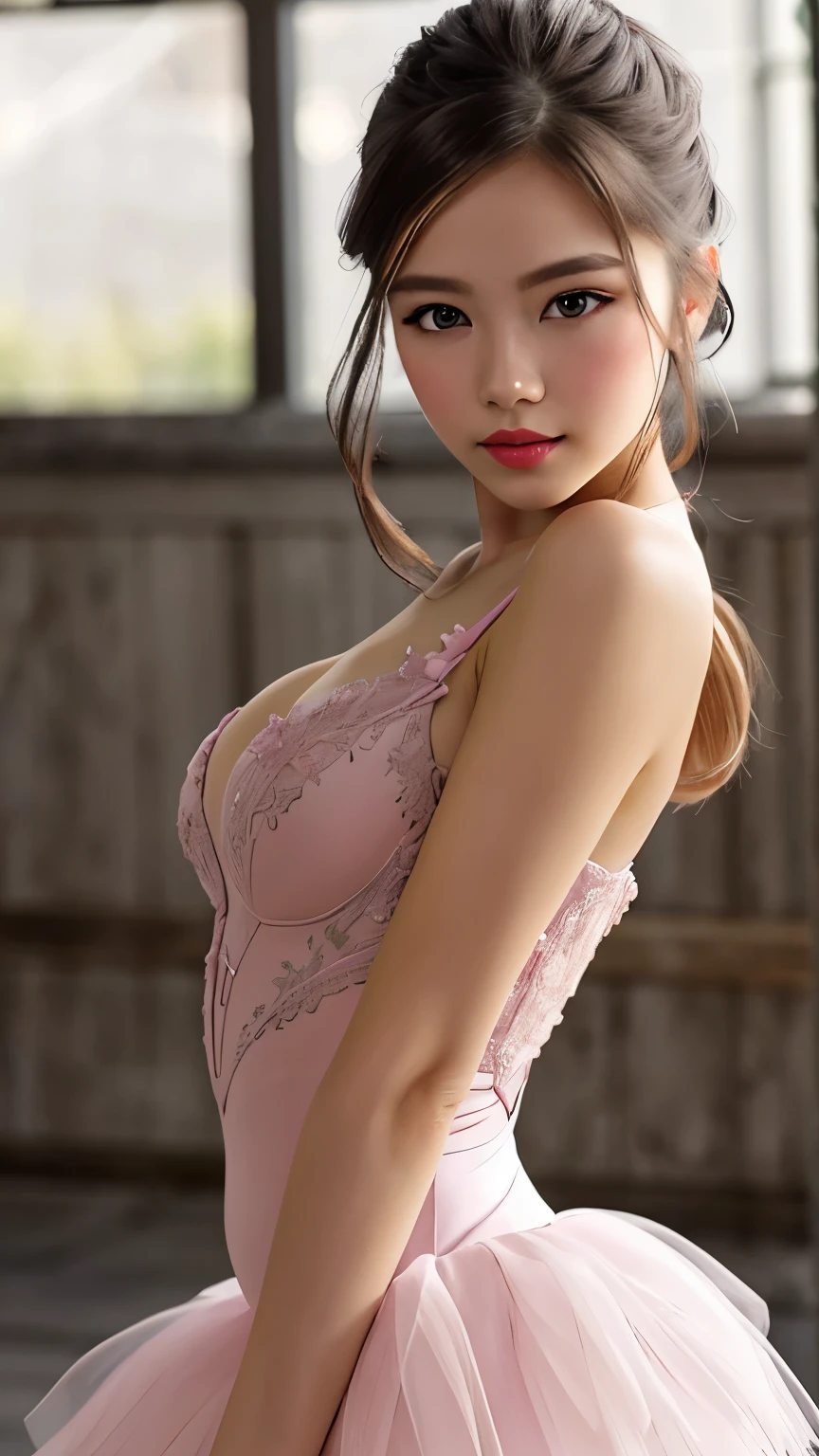 beautiful girl, brown eyes, beautiful 18 year old girl, Brown highlights hair, undercut pixie hair, short hair, lips, realistic, narrow waist, charming, pink lipstick, colorful makeup, long eyelashes, fair skin, (cute), (detailed face), detailed eyes, detailed iris, (large breasts:1.2), ((ballerina)), 