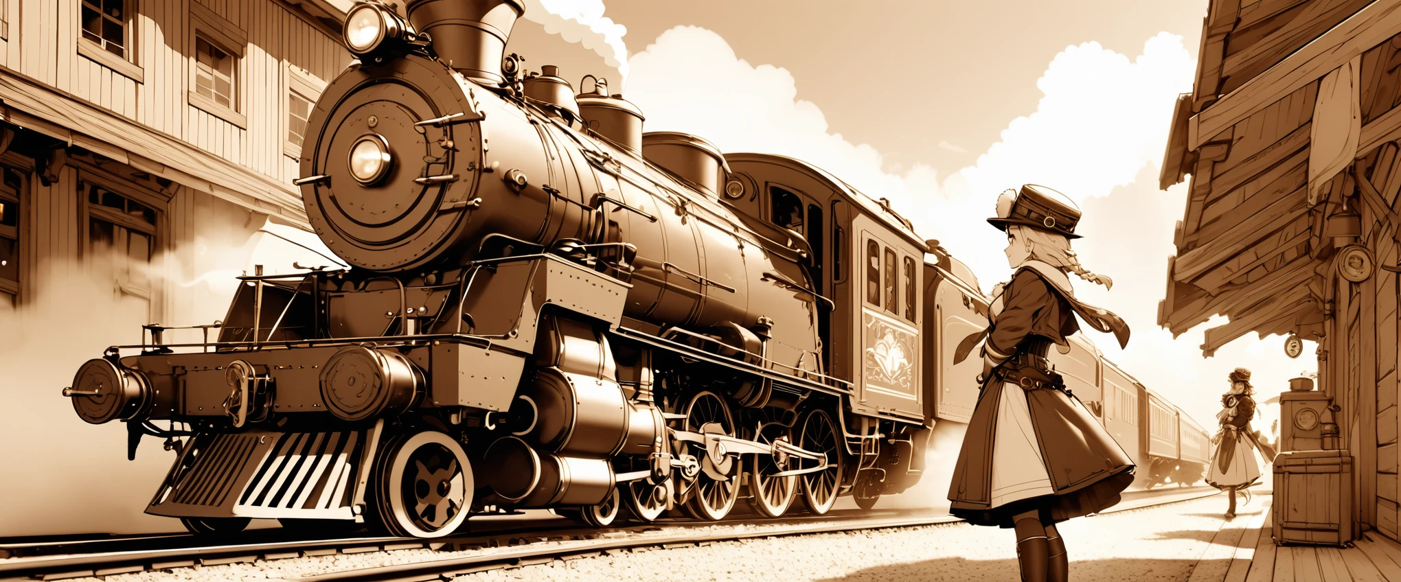 high quality,(High resolution:1.2),Incredible illustrations, (genshin impact) 1girl(Tyrolean hat,rail roadman coat)Aether steam locomotive stopping at a station(steampunk)(((sepia-toned)))