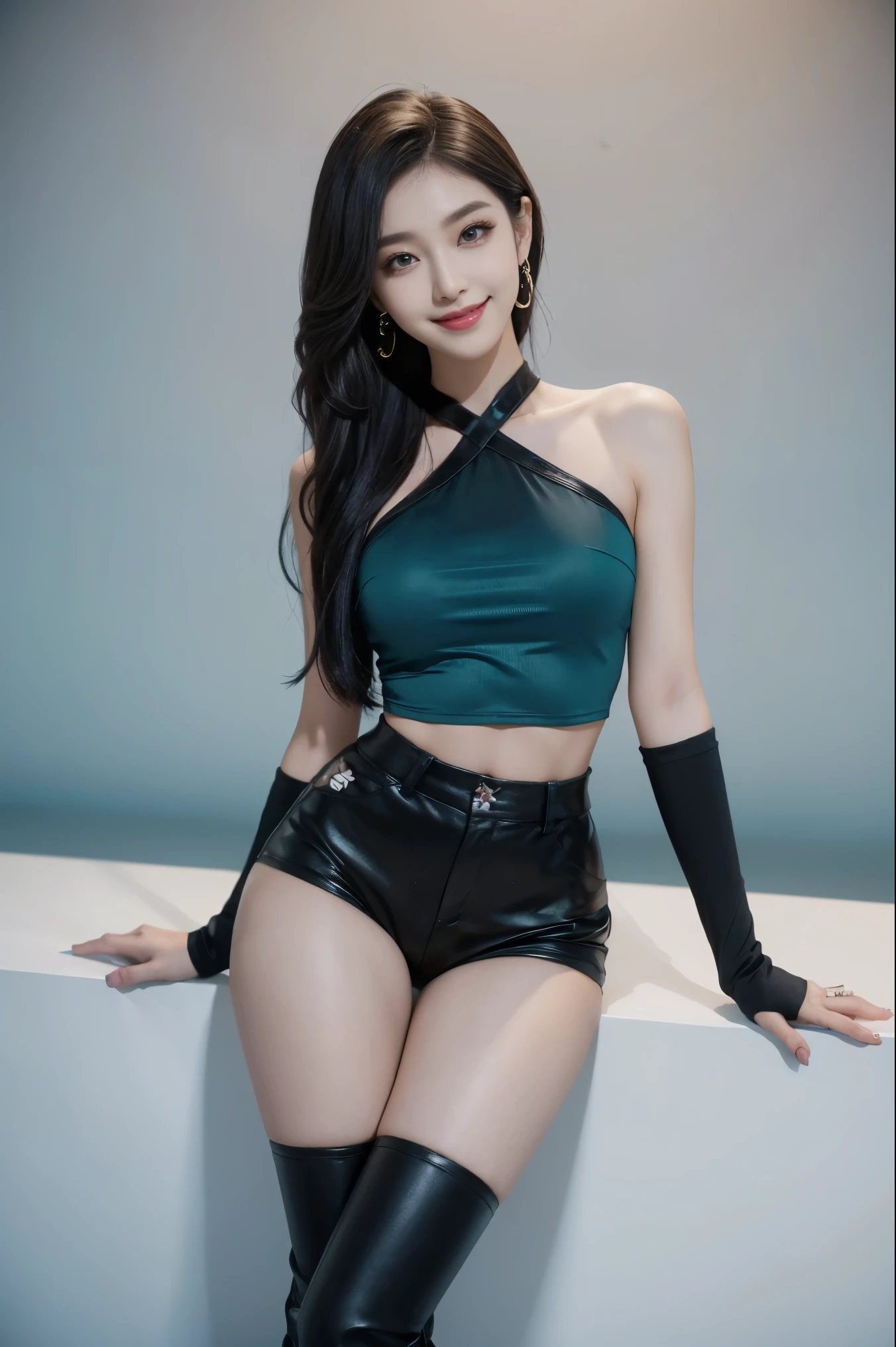 A girl group dance super beauty，Wearing a teal stretch top，Black shorts，Heavy makeup super beautiful，Slim long legs，Black fabric boots，Charming smile