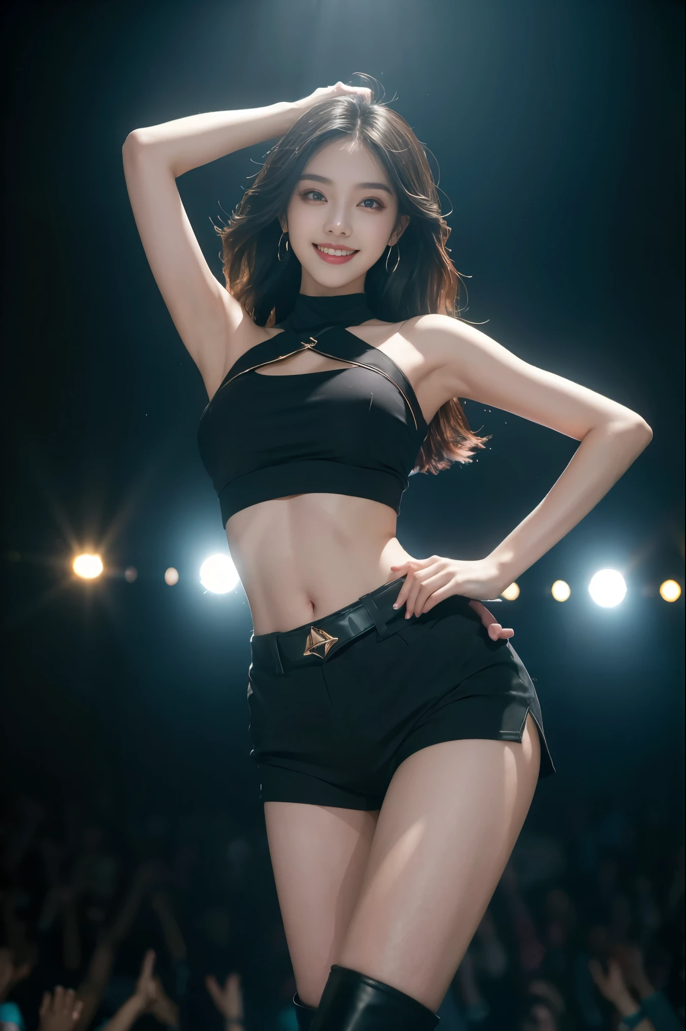 Female group dance super beauty，Teal stretch top，Black shorts，Heavy makeup，Slim long legs，Black outer fabric boots，Charming smile，Center of stage，In the spotlight，Dynamic，Fast-paced，High light-shadow contrast，Wide-angle lens