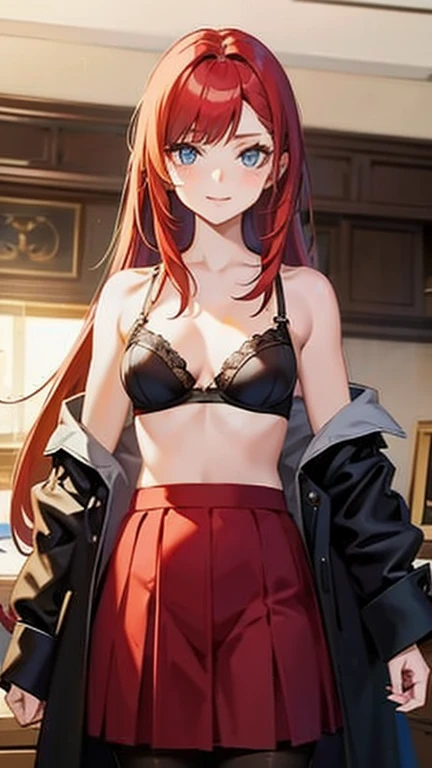 anime girls with red hair and blue eyes wearing a skirt and an open shirt revealing a black bra